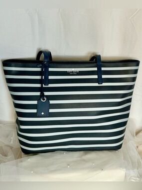 Kate Spade Navy White Stripe Leather Tote Shoulder Bag Large